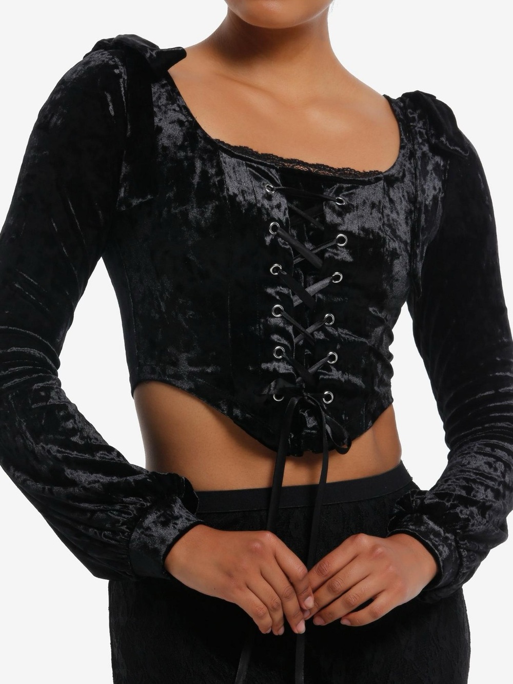 Hot Topic Cosmic Aura Black Velvet Lace-Up Crop Long-Sleeve Top Plus Size